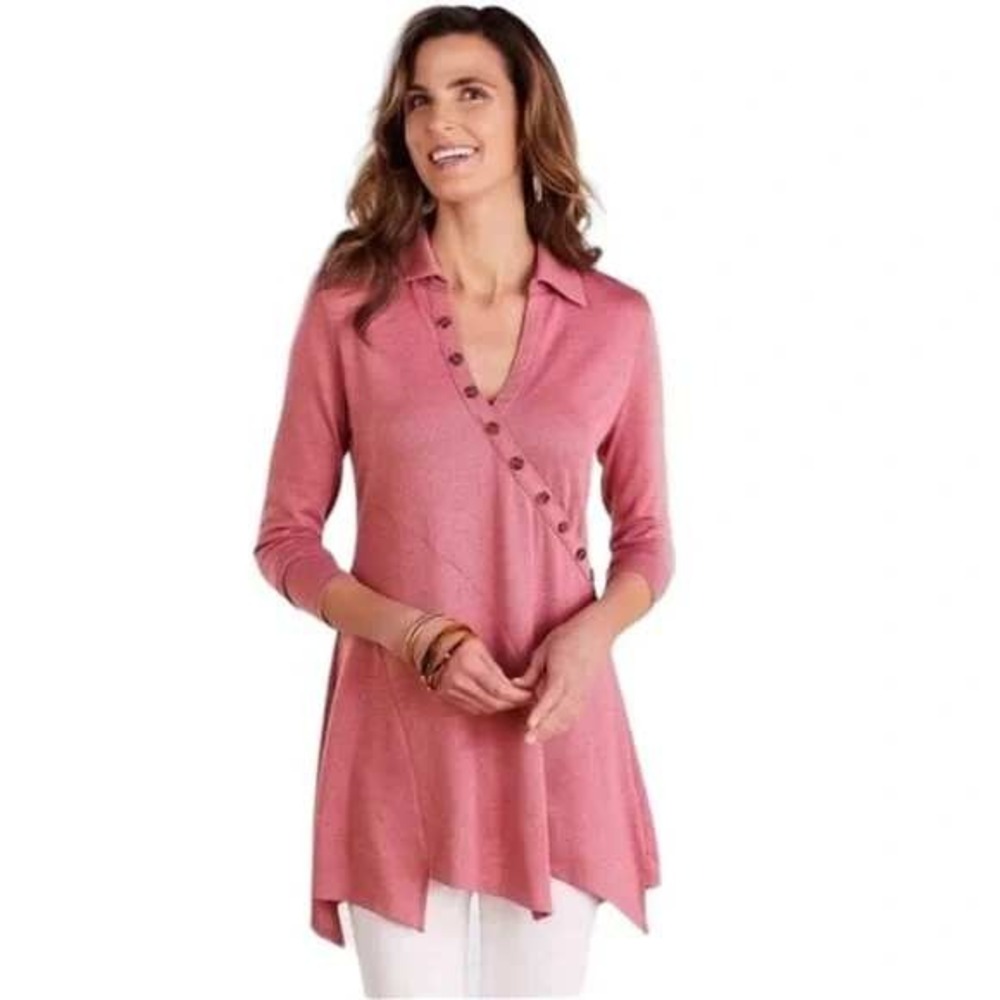Soft Surroundings Tamara Tunic Dusty Pink Asymmetrical Button Top Long Sleeve XS
